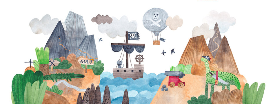 Cute pirate adventure. Decor for children's room. Watercolor illustration. Islands, pirates, ship, adventures.