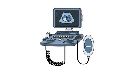 Stylized ultrasound machine displaying fetal imagery for medical examination purpose illustration