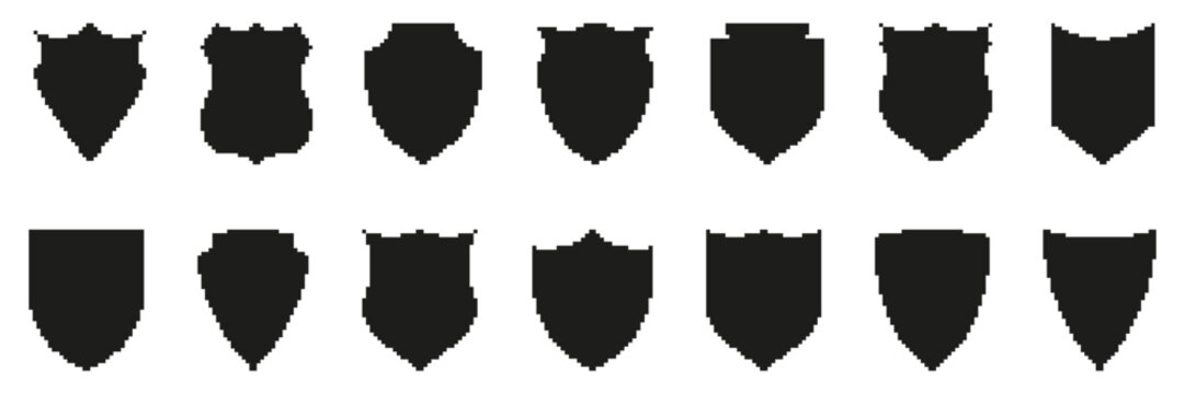 Pixel Art Shield Icon Set. Medieval Heraldry And Protection Symbol Collection. Vintage Emblem Designs For Security And Defense Themes. Isolated Vector Illustration