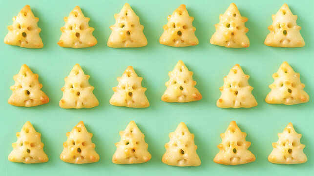 Christmas tree crackers creating festive snack pattern on green background