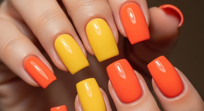Close-up of vibrant orange and yellow manicure on female hands