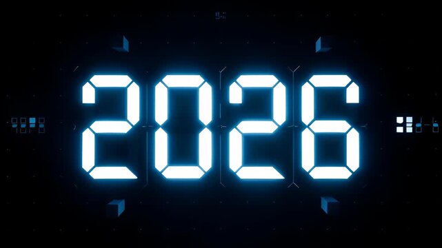 A futuristic digital clock countdown to the New Year 2026. A high-tech holiday celebration background for a party. Seamless loop 4K animation. 