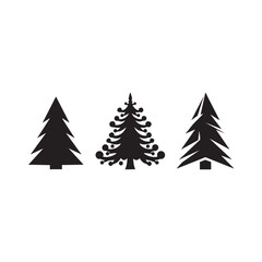 Obraz premium Three black silhouette Christmas trees with varied branch styles on white background evergreen