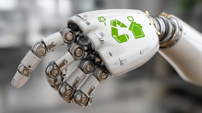 Robot hand touching holographic green energy icons, sustainability UI interface