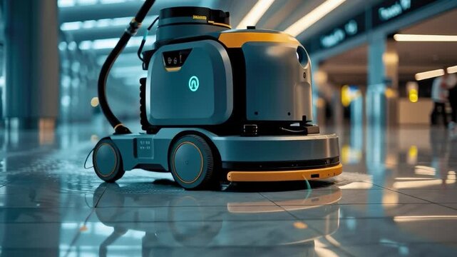 Smart Floor Cleaning Robot in Action: A modern cleaning robot efficiently navigates the polished floors of a contemporary interior, highlighting the blend of technology and cleanliness.
