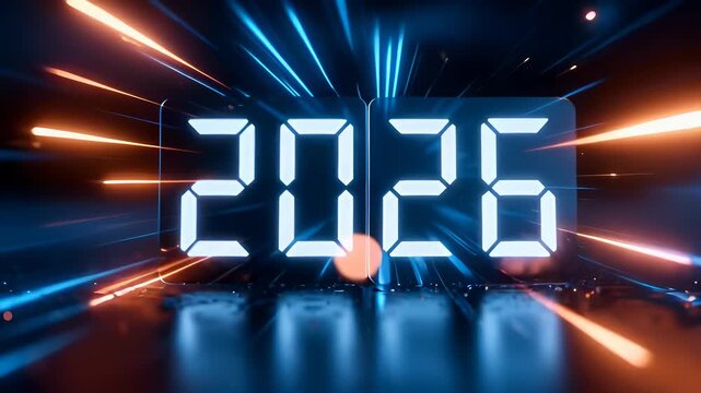 The year 2026 against a futuristic hyperspeed technology background. A concept of innovation, energy, and digital transformation. 4K video animation.