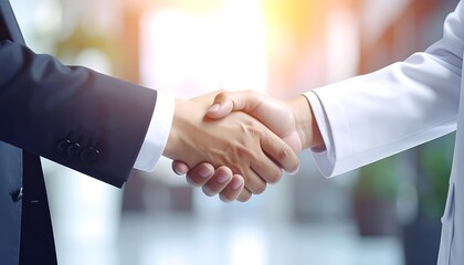 Close-up of a handshake between a person in a suit and a person in a medical coat