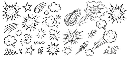 Line speed cartoon effect, comic smoke motion line element set. Comic boom motion, explosive energy, line speed cartoon vector icon. Hand drawn sketch doodle action effect. Vector illustration © Miftahul Nehar