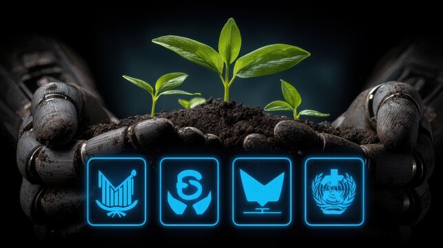 Fostering growth eco-friendly innovations urban garden digital art futuristic setting close-up sustainability theme