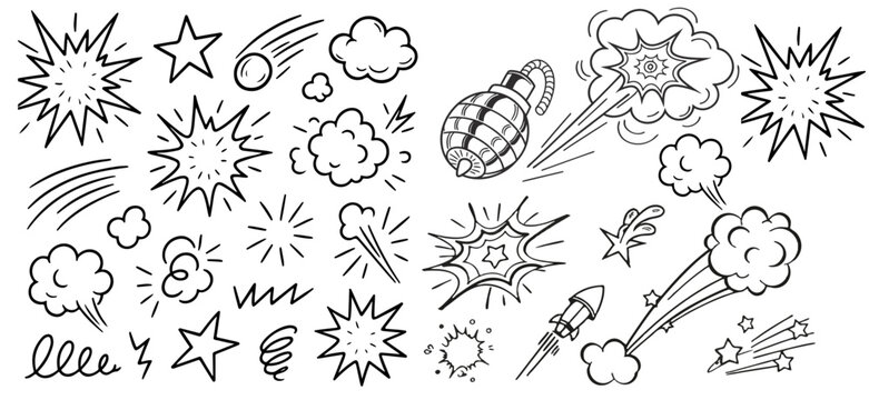 Line speed cartoon effect, comic smoke motion line element set. Comic boom motion, explosive energy, line speed cartoon vector icon. Hand drawn sketch doodle action effect. Vector illustration