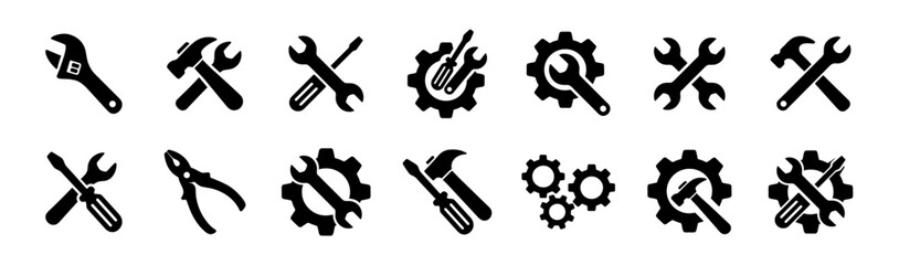 Set of repair and maintenance tool icons with wrench gear hammer and screwdriver silhouette vector illustration on transparent background