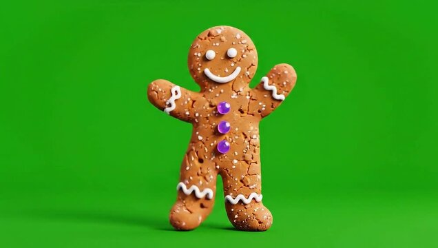 Gingerbread Man is Dancing Christmas Dance on Green Screen. Celebration Animation 4k Stock Video