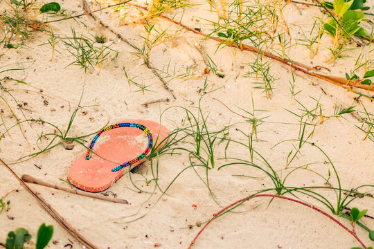close-up of red flip-flop on sandy beach with sparse grass
