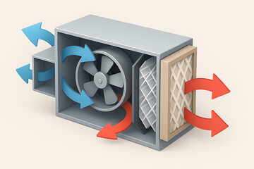 An illustration of an air handling unit showing airflow directions, including a fan and filter, demonstrating air circulation in a ventilation system.
