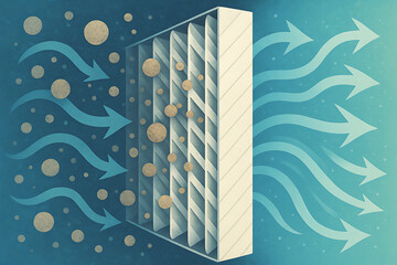 An illustration of an air filter showing airflow and particles being filtered out, emphasizing cleanliness and air quality.