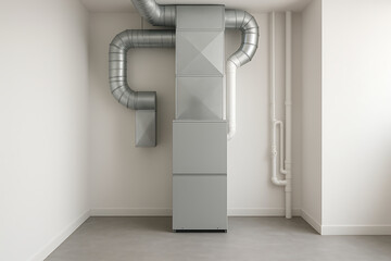 A modern HVAC system with metal ductwork installed in a minimalist room, showcasing a clean and functional design.