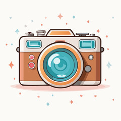 Cute Retro Camera Illustration with Teal Lens and Brown Accents.