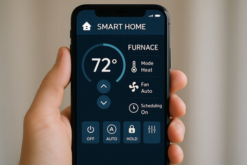 A smartphone displaying a smart home thermostat interface, showing temperature settings and options for mode, fan, and scheduling.
