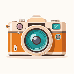Retro orange camera with teal lens and viewfinder.