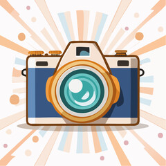 Stylized retro photo camera with a prominent golden lens.