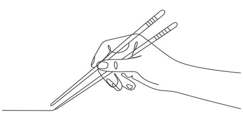 Minimalist continuous line art of a human hand gracefully holding traditional chopsticks, poised to pick up delicious asian food, culinary concept illustration. Vector