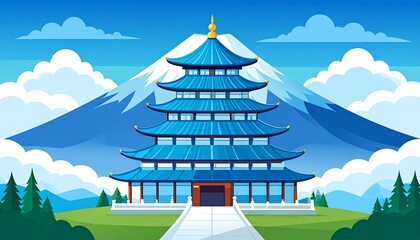 Blue, pagoda-like structure nestled before a snow-capped mountain peak, amidst green hills, trees, and cloudy blue sky