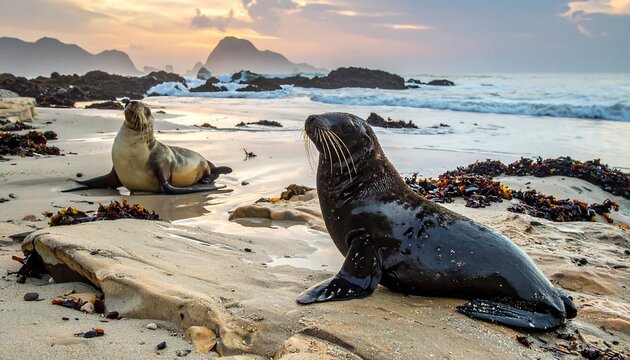 Two sea lions rest on a sandy beach at dawn, waves gently lapping the shore. Rocky cliffs form the background against a cloudy sky - Powered by Adobe