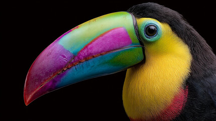 Obraz premium Close up shot of a colorful toucan with a black background showing its details