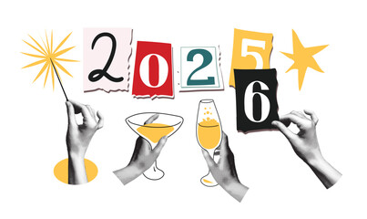 Hands holding sparklers and champagne glasses next to the numbers 2026. Vector halftone collage with yellow stars and paper cut typography. New Year s and holiday celebration concept for a poster. © Salomi art