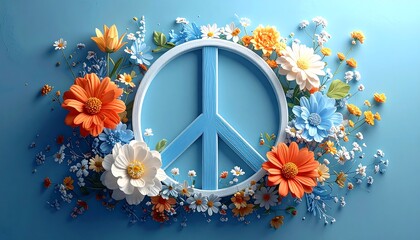 Blue peace sign encircled by white, orange, blue flowers on a light blue surface in centered close-up shot