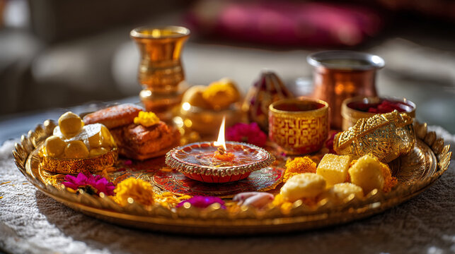 A golden tray filled with sweets, flowers, and a lit diya for a hindu celebration