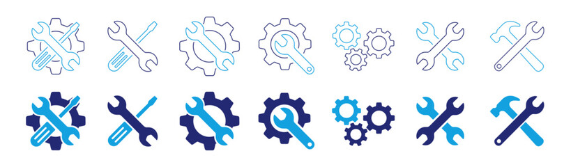 Set of blue repair and maintenance tool icons with wrench screwdriver and gear symbol vector illustration
