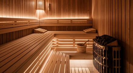 Empty wooden sauna interior with soft lighting. Cozy wellness space for relaxation, health, and detoxification. Modern spa design for recreation.
