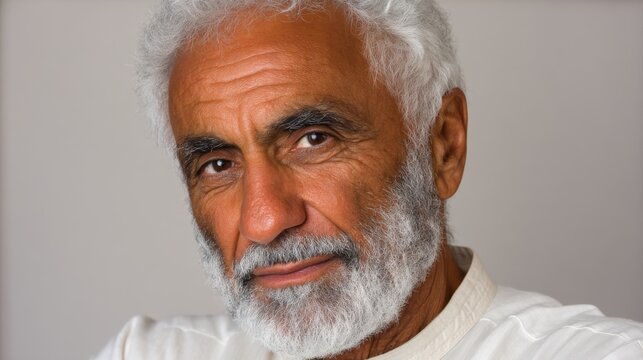 Portrait of an elderly man with a beard indoor studio close-up photography neutral background thoughtful expression