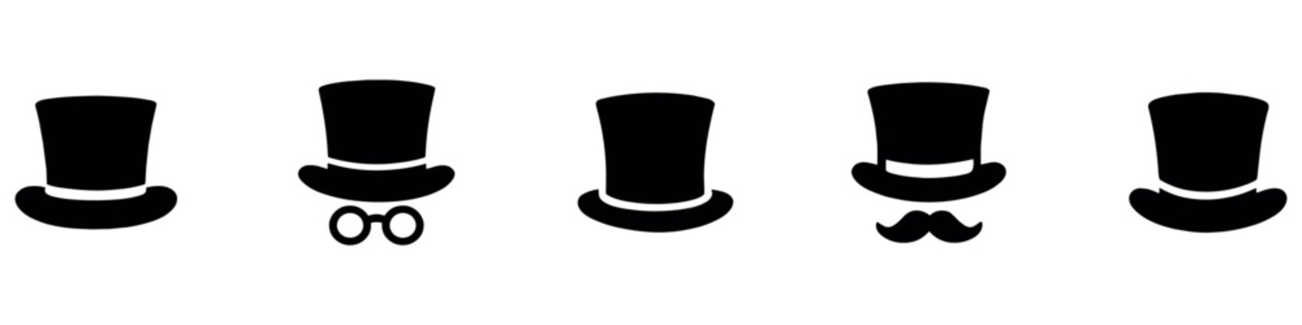 Top hat icon collection. Solid, filled icon set of top hats: classic hat, silk, magicians , vintage , steampunk top hat, wedding top. Vector icon.
