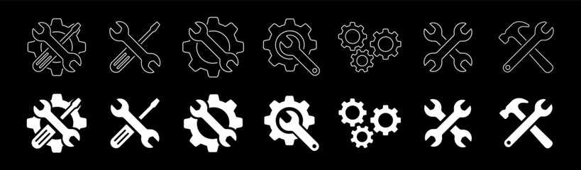 Set of repair and maintenance tool icons with wrench screwdriver and gear symbol vector illustration on black background