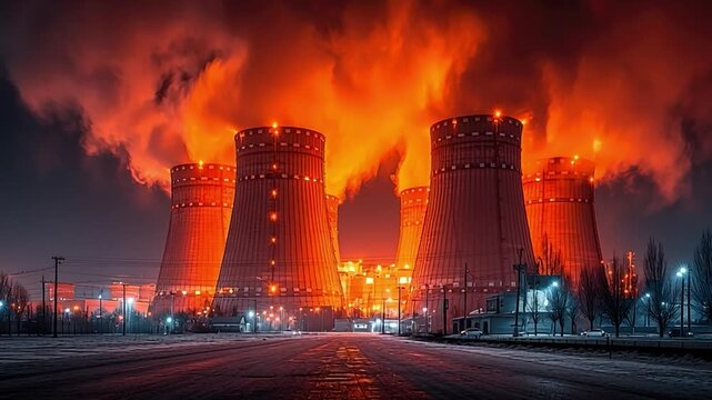 Industrial Inferno: A powerful depiction of a nuclear power plant engulfed in flames, symbolizing environmental concerns and the potential dangers of atomic energy.
