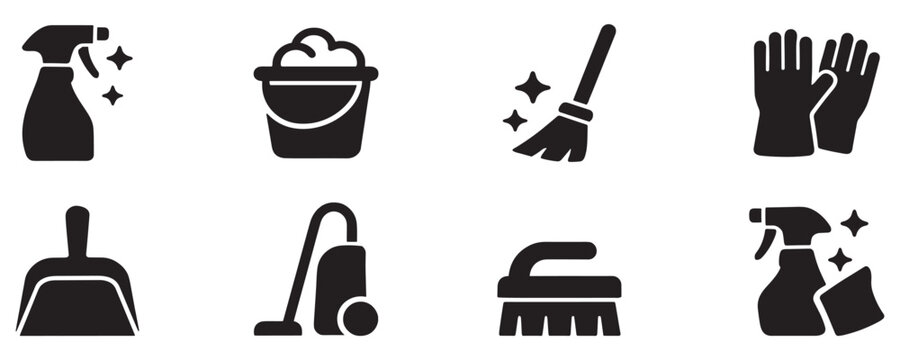 Cleaning icon set. Vector icons for sanitation and cleaning supplies: spray bottle, bubbles, detergent, wiping hand, soap bar, sparkling leaf, clean tag. Vector icon.