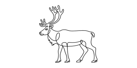 Continuous line art drawing of a majestic reindeer with large antlers standing gracefully. simple minimalist vector illustration on white background. Vector