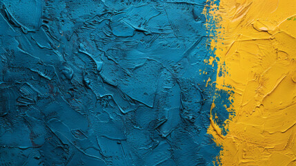 Abstract impasto painting displaying ukrainian flag colors and textured brush strokes