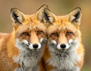 Fototapeta premium Two red foxes, facing forward, appear to be siblings or a bonded pair, gazing with focused intensity against an autumn background