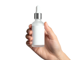 Hand holding dropper bottle of skincare essence