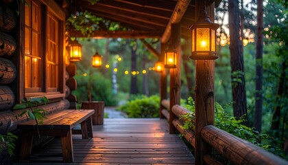 Fototapeta premium Cozy log cabin porch view, glowing lanterns illuminate a wooden path leading into a lush, green forest at dusk