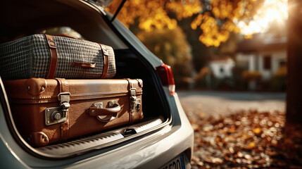 Pack your bags for autumn adventures with vintage suitcases in a car trunk ready for a stylish roadtrip