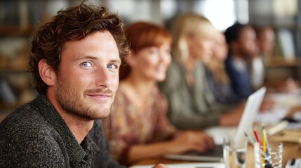 Focused young professional engaged in work modern office space candid photography collaborative environment