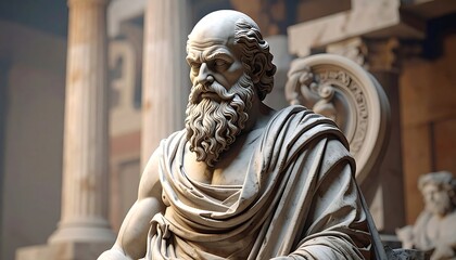 Obraz premium Close-up statue of a bearded man, classic architectural backdrop, marble, aged, thoughtful expression