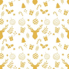seamless pattern Christmas gold and white gift box reindeer illustrations design for wallpaper background backdrop wrapping paper decoration holidays festival modern minimal