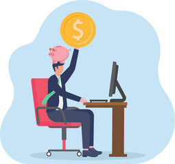 concept of A smart young man puts dollar coins into a piggy bank on his head
