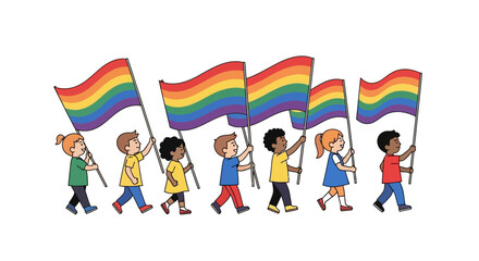 Diverse group of children marching with rainbow flags promoting equality and inclusion celebrating
