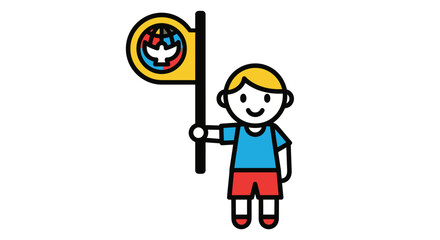 Cartoon boy proudly displaying a flag with a global unity symbol embodying peace and collaboration